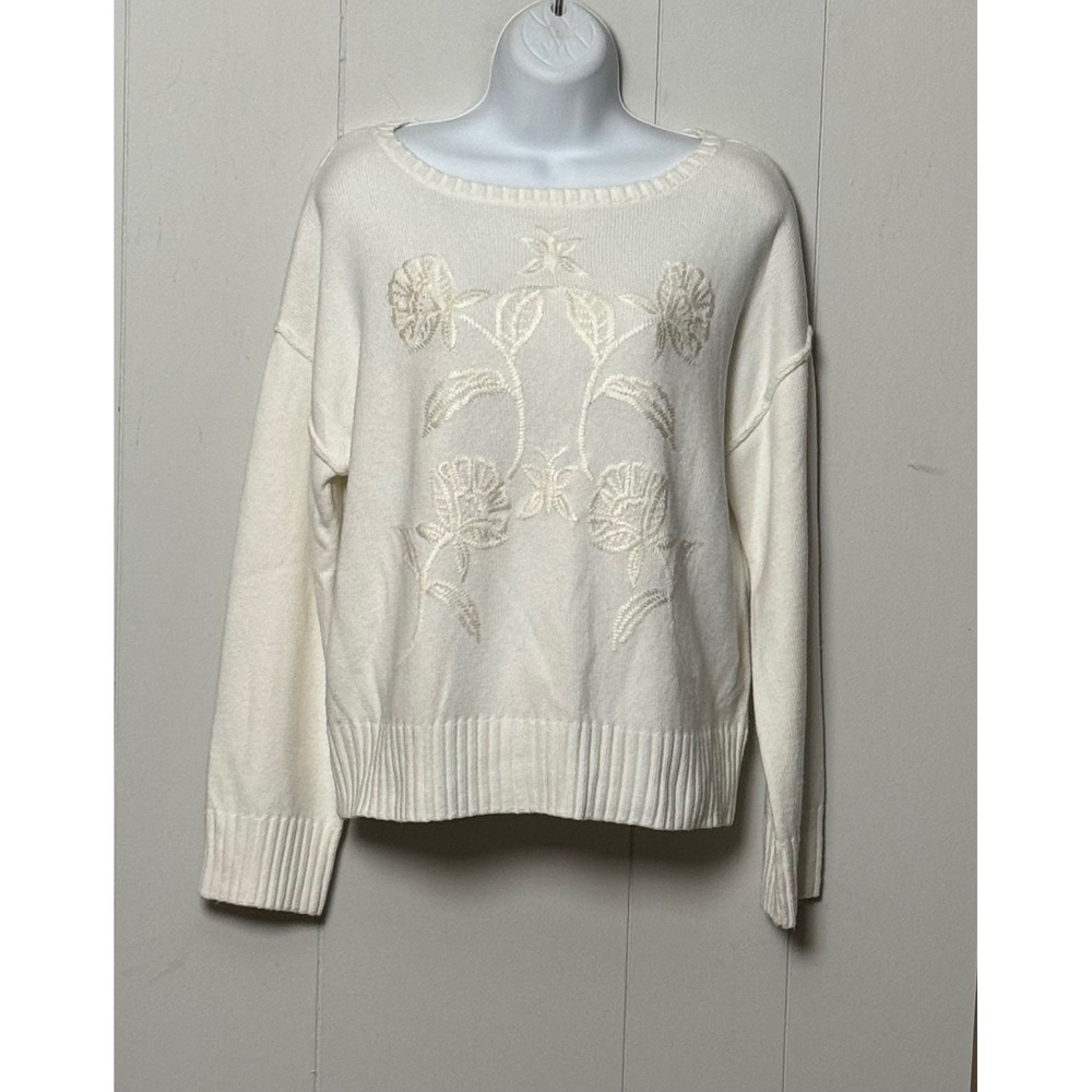 Haute Hippie Style Women White Floral Embroidered Knit Pullover Sweater Sz Large